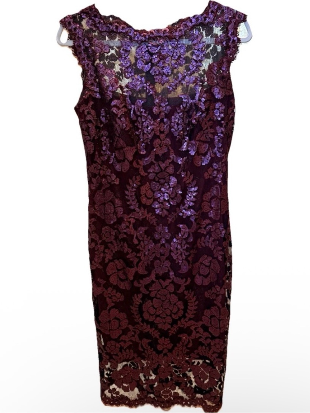 Tadashi Shoji Lace Sequin Cocktail Dress Illusion Sheath Midi Dress Sz 8